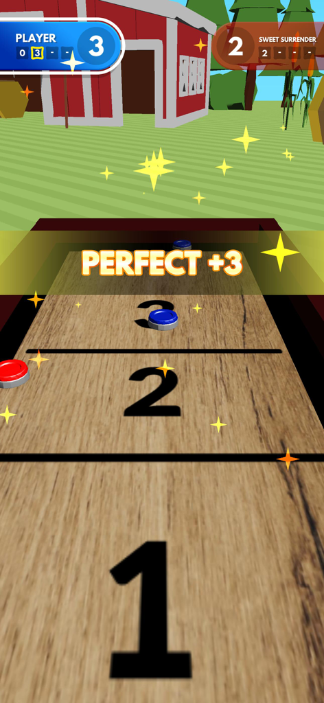Shuffleboard Challenge - Un disco de shuffleboard azul aterrizando en la zona de tres puntos con un mensaje de puntuación perfecta en pantalla