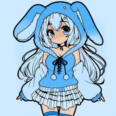 pretty anime girl wearing a fluffy hoodie with bunny ears on the hood and a skirt