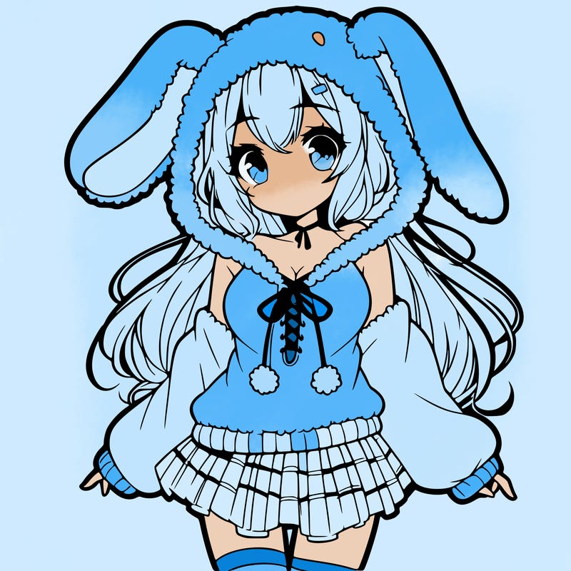 pretty anime girl wearing a fluffy hoodie with bunny ears on the hood and a skirt