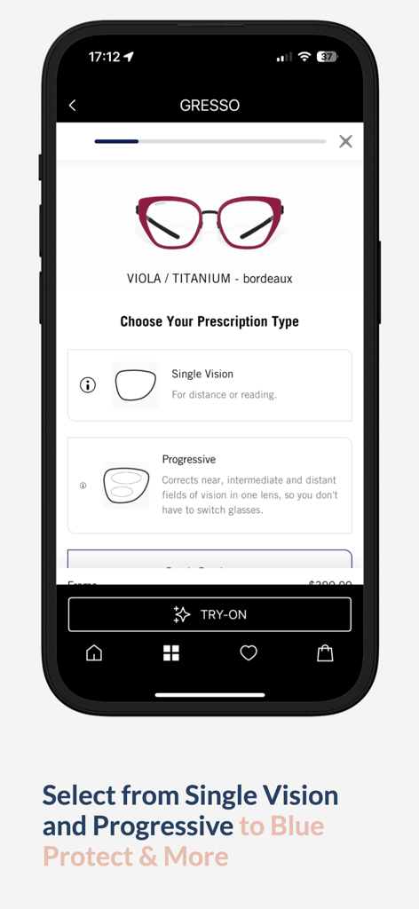 GRESSO | Titanium Eyewear - A mobile app interface for selecting single vision or progressive prescription lens types for Gresso titanium eyewear.