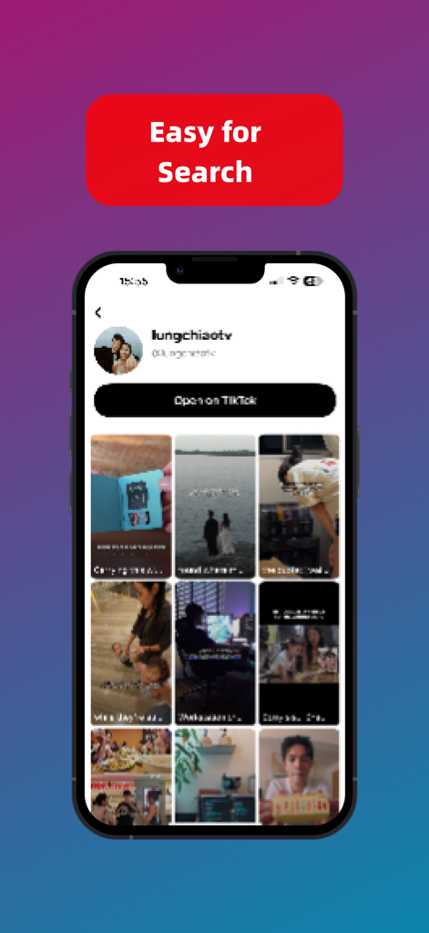 TKSave app screen showing a user profile with a grid of videos and an easy search feature for TikTok content.