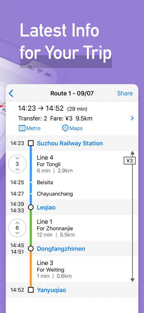 MetroMan Suzhou - MetroMan Suzhou app interface showing a detailed subway route plan with travel times transfers and fare information
