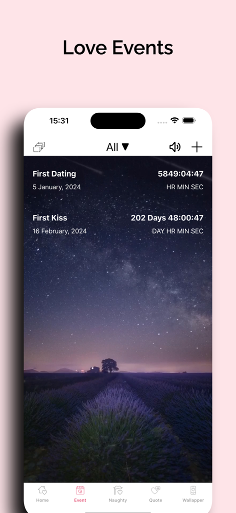 My Love - Couple Naughty Game - A mobile app interface titled Love Events displaying countdown timers for a couple first date and first kiss.