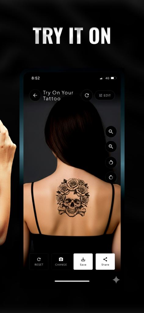 Tattoo Design Creator App - 女性がスカルとバラのタトゥーデザインのバーチャル試着機能を使用しています