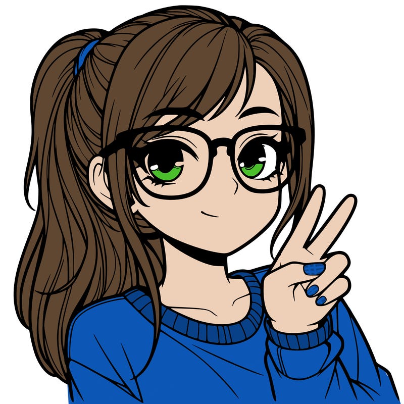 realistic girl with ponytail glasses and doing the peace