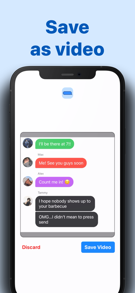 Text Story Maker - ChatTales - 스마트폰 화면에 비디오로 스토리를 저장하는 버튼이 있는 가상의 그룹 채팅 대화가 표시됩니다.