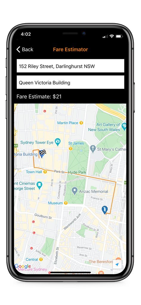 13CABS Driver app fare estimator interface showing a trip route and price estimate.