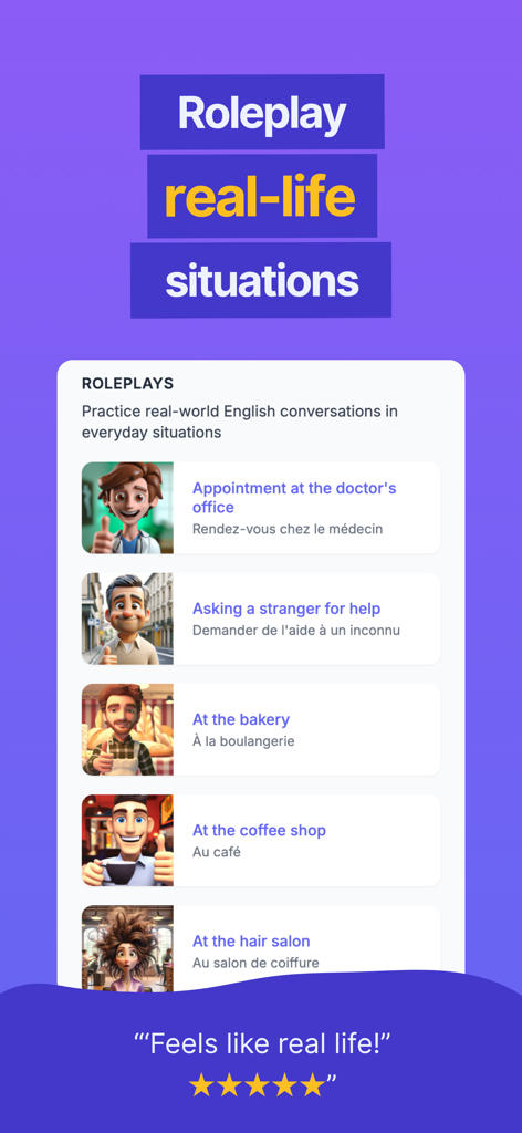 Schermata dell'app Gliglish che mostra scenari di role-play della vita reale per la pratica dell'apprendimento linguistico