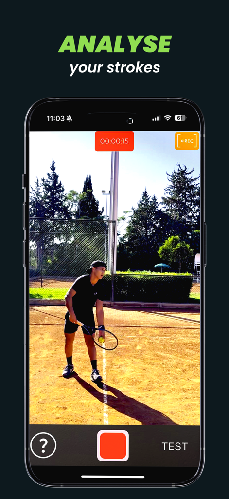 Tennis AI - A smartphone recording a tennis player on a court for stroke analysis using the Tennis AI app