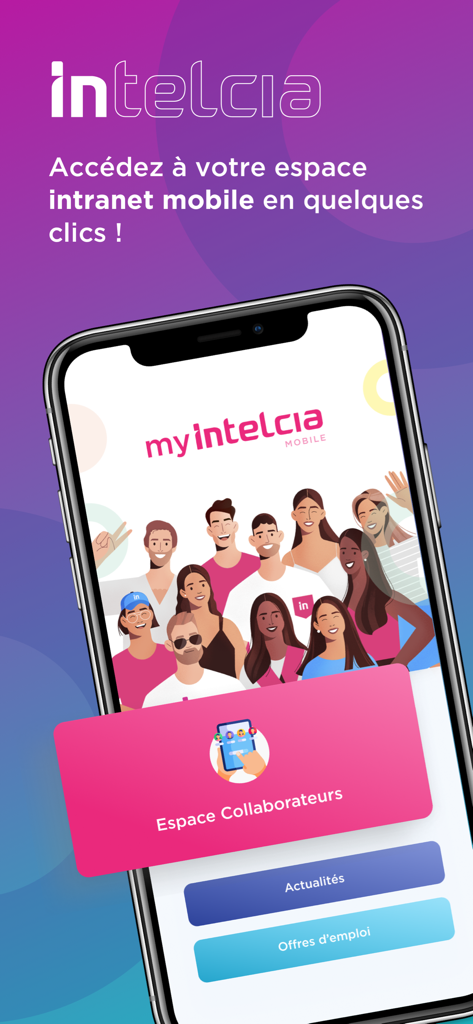 Tela de boas-vindas do aplicativo móvel My Intelcia mostrando o portal da intranet do funcionário e opções de notícias