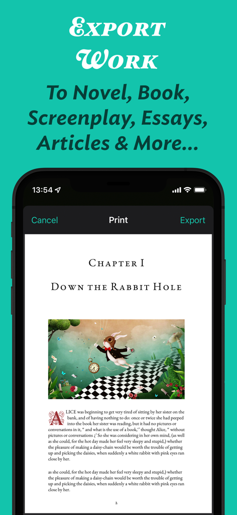 JotterPad - Novel, Screenplay - JotterPad 앱 인터페이스에서 서식이 지정된 소설 챕터의 인쇄 및 내보내기 미리보기를 보여주는 중