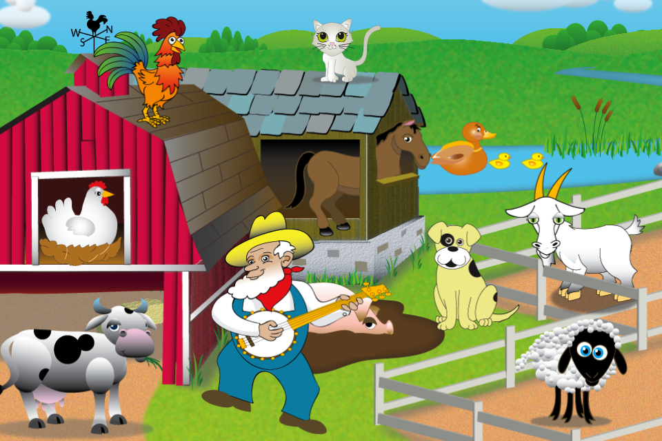 Old MacDonald - Old MacDonald playing banjo on a farm with a cow pig sheep and other animals