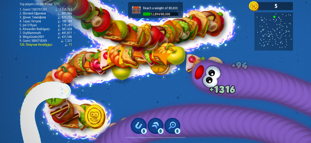 Worms Zone .io — Hungry Snake - Jogabilidade de Worms Zone io mostrando skins de vermes personalizadas e placar em uma arena de batalha