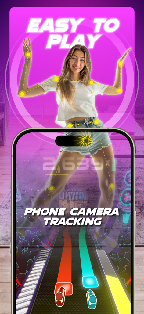 Dance Dash: Rhythm and Fitness - Eine Frau spielt Dance Dash mit Handy-Kamera-Tracking für ein Heimtraining