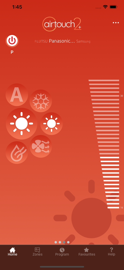 AirTouch 2 plus App Home-Bildschirm mit Klimasteuerungsmodi und Schieberegler für die Temperatureinstellung