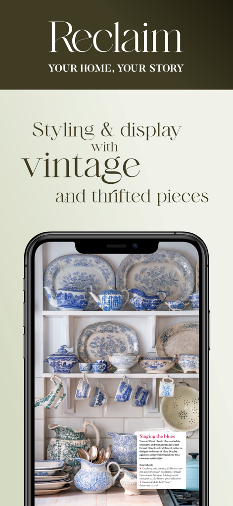 RECLAIM. - ヴィンテージの青と白の陶器とホームスタイリングのヒントを示す、RECLAIMアプリのスクリーンショット
