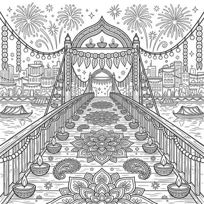 Immerse yourself in the Festival of Lights with this detailed Diwali pedestrian bridge coloring page. Adorned with traditional diyas, beautiful rangoli, and dazzling fireworks, it promises a vibrant and joyful coloring experience.