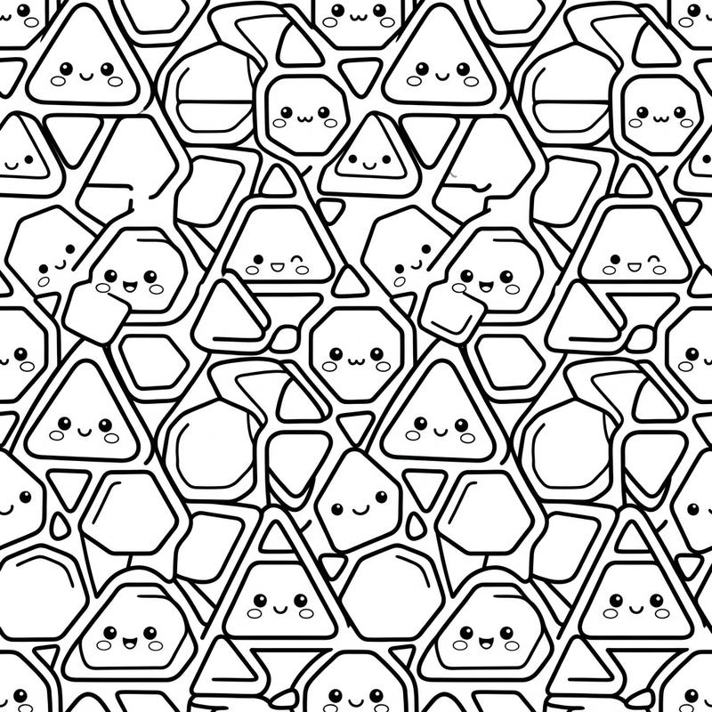 Unleash your creativity with this delightful coloring page featuring an intricate design of Kawaii polygonal patterns. Discover an enchanting world where geometric shapes come alive with adorable expressions, offering hours of engaging artistic fun.