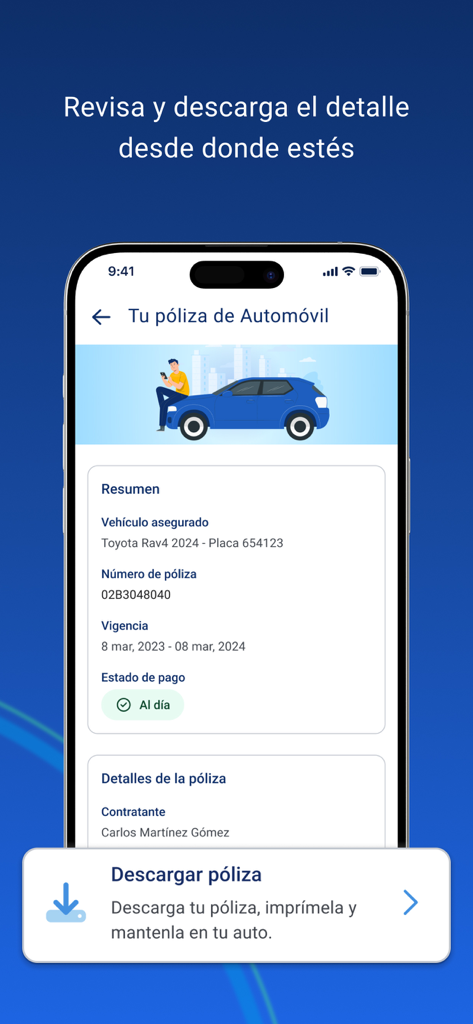 ASSA Compañia de Seguros - ASSA mobile app displaying an automobile insurance policy summary and download option