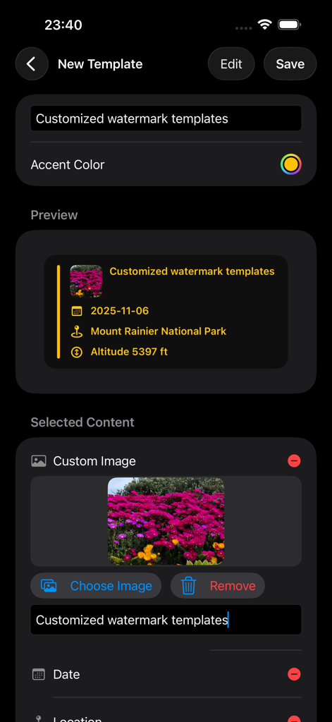 Sensnap - Outdoor Assistant - Tela do aplicativo Sensnap para personalizar marcas d'água em fotos com dados de altitude, data e localização.