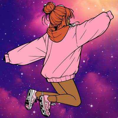 realistic girl jumping with a bun and oversized sweatshirt