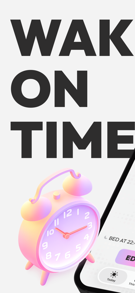 Circadian Alarm: Wake Up Early - A 3D pink alarm clock and a smartphone screen showing the Circadian Alarm app interface with the text Wake On Time.