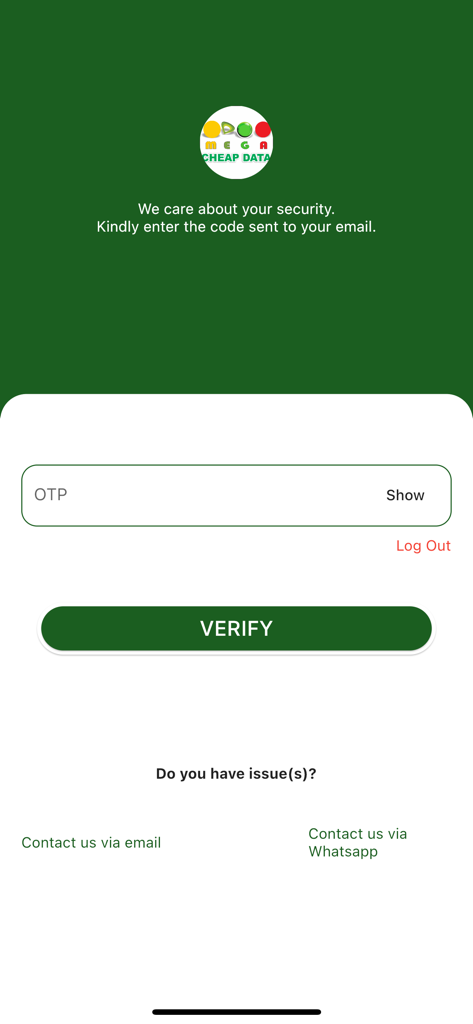 Pantalla de verificación de seguridad OTP para la aplicación MEGA Datos Baratos con un campo de entrada para el código de correo electrónico.