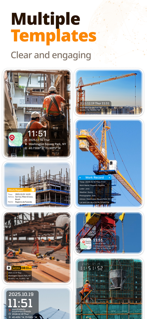 A collection of construction site photos featuring various GPS map and timestamp watermark templates for professional documentation.