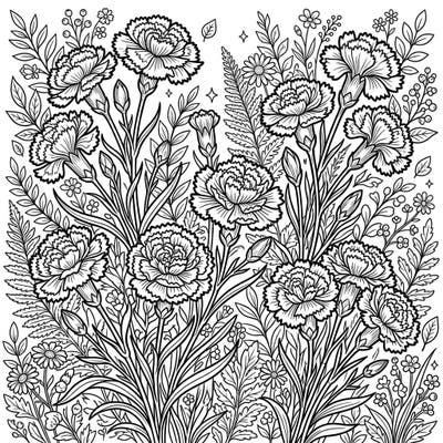 Explore a beautiful garden overflowing with detailed carnations and intricate foliage, specially designed for teen colorists. This engaging floral scene offers a perfect blend of natural beauty and complex patterns to spark your artistic flair.