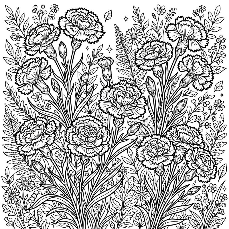 Explore a beautiful garden overflowing with detailed carnations and intricate foliage, specially designed for teen colorists. This engaging floral scene offers a perfect blend of natural beauty and complex patterns to spark your artistic flair.