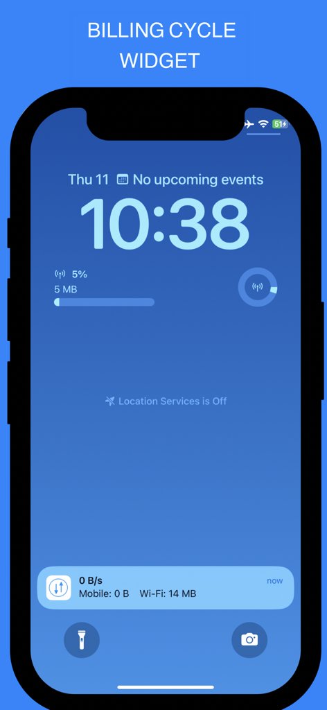 InternetMeter & speed monitor - 請求サイクルウィジェットとリアルタイムデータ使用量通知を表示するiPhoneロック画面。