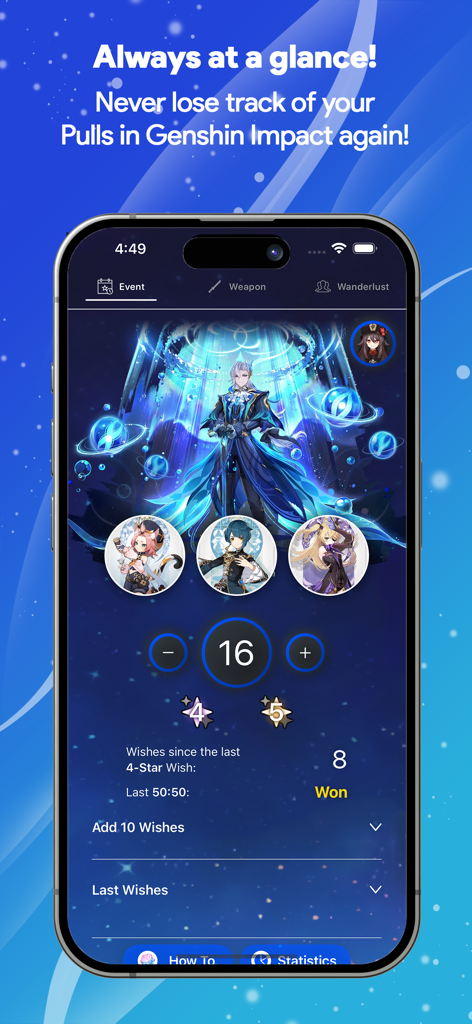 Oberfläche der WishCounter-App, die Züge für ein Genshin Impact Charakter-Event-Banner verfolgt.