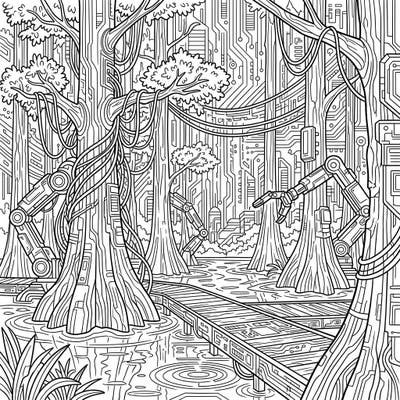 Journey into a mesmerizing fusion of nature and technology with this cyberpunk cypress swamp coloring page. Discover intricate robotic details, glowing circuit patterns, and lush wetland elements awaiting your vibrant imagination.