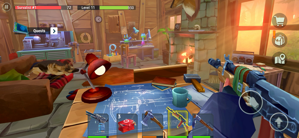 TEGRA: Zombie survival island - Vista en primera persona de una base de supervivientes con una mesa de trabajo y armas en TEGRA Zombie Survival Island