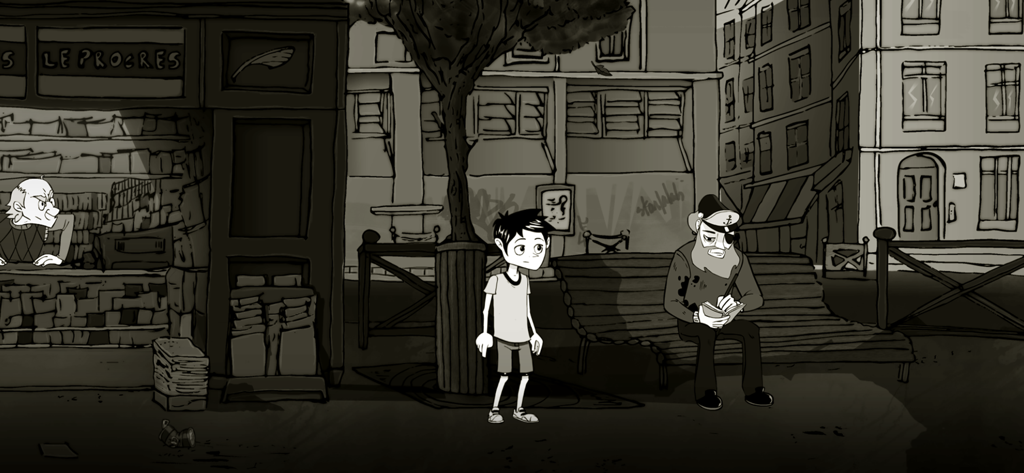 Ilustración en blanco y negro del personaje Désiré de pie en una plaza de la ciudad cerca de un hombre sentado en un banco