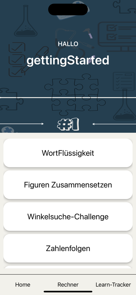 MedAT Vision - Menu principal de l'application MedAT Vision affichant différents sous-tests d'étude pour l'examen d'entrée en médecine.