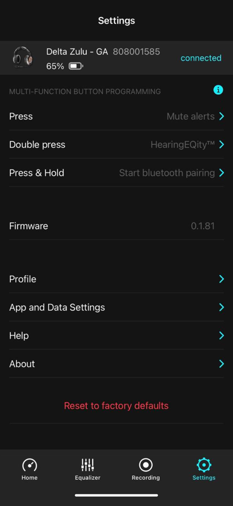 Settings screen of the Lightspeed App showing the connected Delta Zulu headset status battery life and button programming options