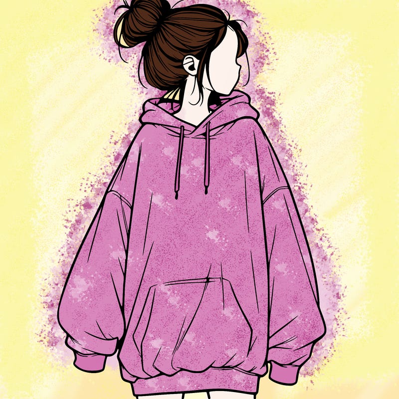 realistic girl with a oversized sweatshirt on and a bun