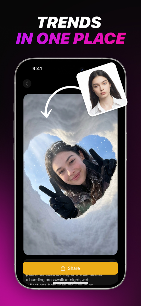 A smartphone displaying the PixVerse AI app interface where a portrait is transformed into a creative digital artwork with a snowy heart frame