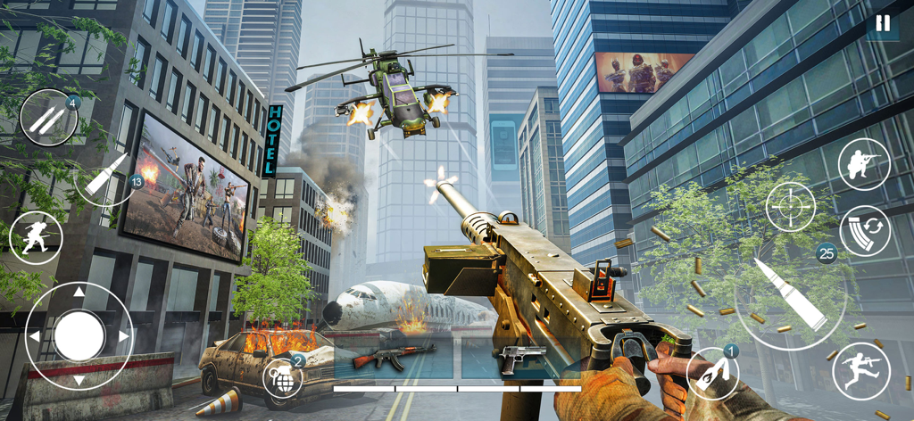 Freedom Strike: Offline Games - First person shooting gameplay in an urban city environment with a heavy machine gun.