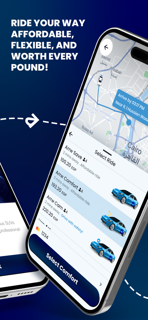 Arrw - Interface of the Arrw ride-hailing app showing different car categories and prices on a map
