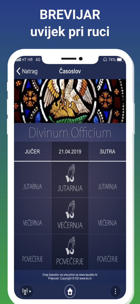 Nova Eva - Schermata dell'app Nova Eva che mostra il programma di preghiere del Breviario croato