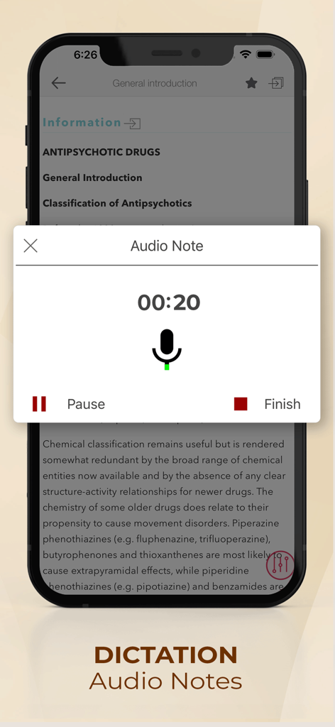 Eine Smartphone-Oberfläche, die die Diktier- und Audiotextfunktion in der medizinischen App Maudsley Prescribing Guideline anzeigt