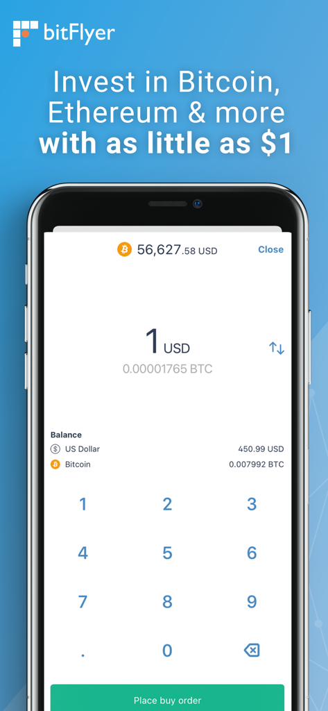 bitFlyer Crypto Exchange - bitFlyer app interface showing a one dollar Bitcoin purchase order