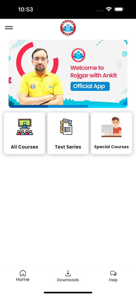 Rojgar With Ankit - Rojgar With Ankit app home screen showing courses and test series sections for exam preparation