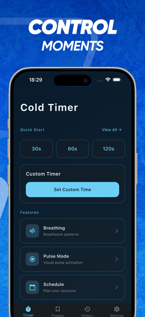 IceTimer: Cold Bath - IceTimer app interface showing cold bath timer presets and breathing exercise options