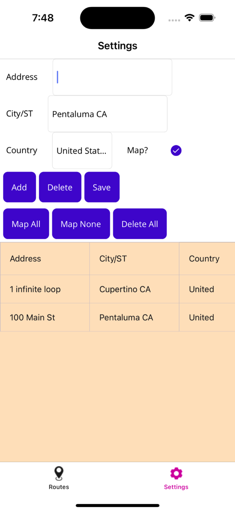 Pantalla de configuración de Map Routes que muestra campos para la introducción de direcciones y una lista guardada de ubicaciones