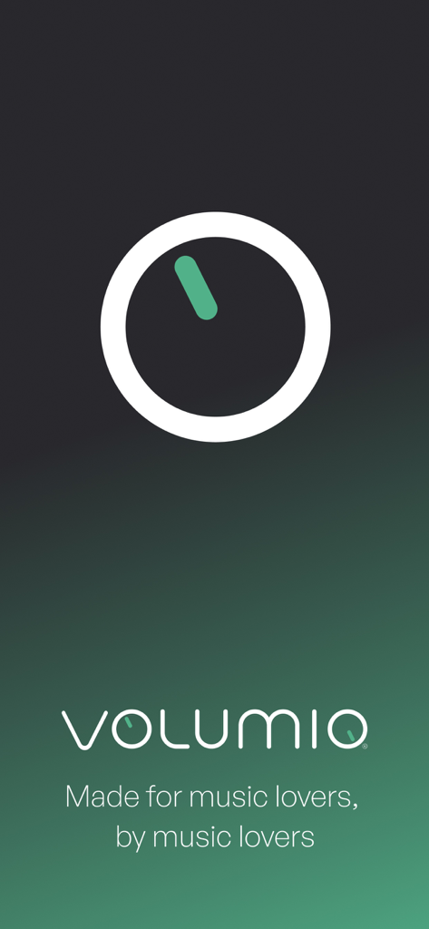 Volumio - Pantalla de bienvenida de la aplicación Volumio con el logotipo y el lema hecho para amantes de la música.