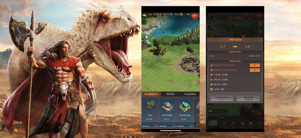 Un guerrero musculoso con un dinosaurio y pantallas de construcción de bases de Savage Survival.