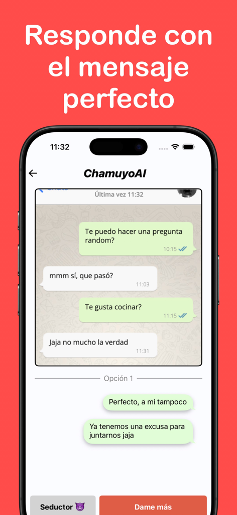 Chamuyo AI - Interfaz de la app Chamuyo AI mostrando una respuesta coqueta generada por IA para una conversación de citas